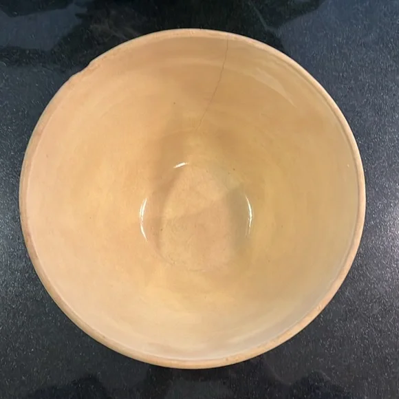 Antique (1930s) McCoy Yellow Ware Stoneware Bowl with Blue & Pink Stripes - Picture 4 of 14